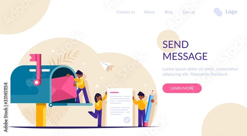 People write and send letters through the mailbox. Little character. Sending messages is a concept. Modern flat vector illustration.