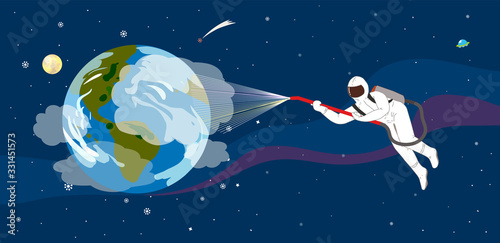 Astronaut hanging in space spraying hygienic spray to clean the planet earth from Corona virus