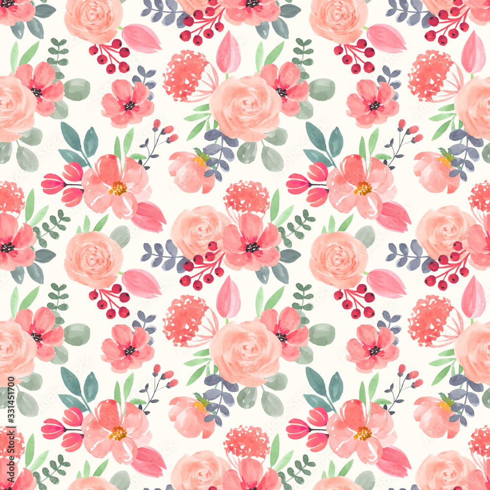 Seamless watercolor pattern with pink roses and anemones, handmade flowers and leaves. Vector illustration, isolated.