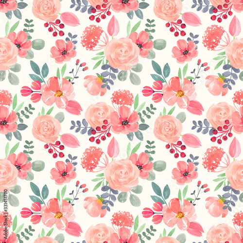 Seamless watercolor pattern with pink roses and anemones, handmade flowers and leaves. Vector illustration, isolated.