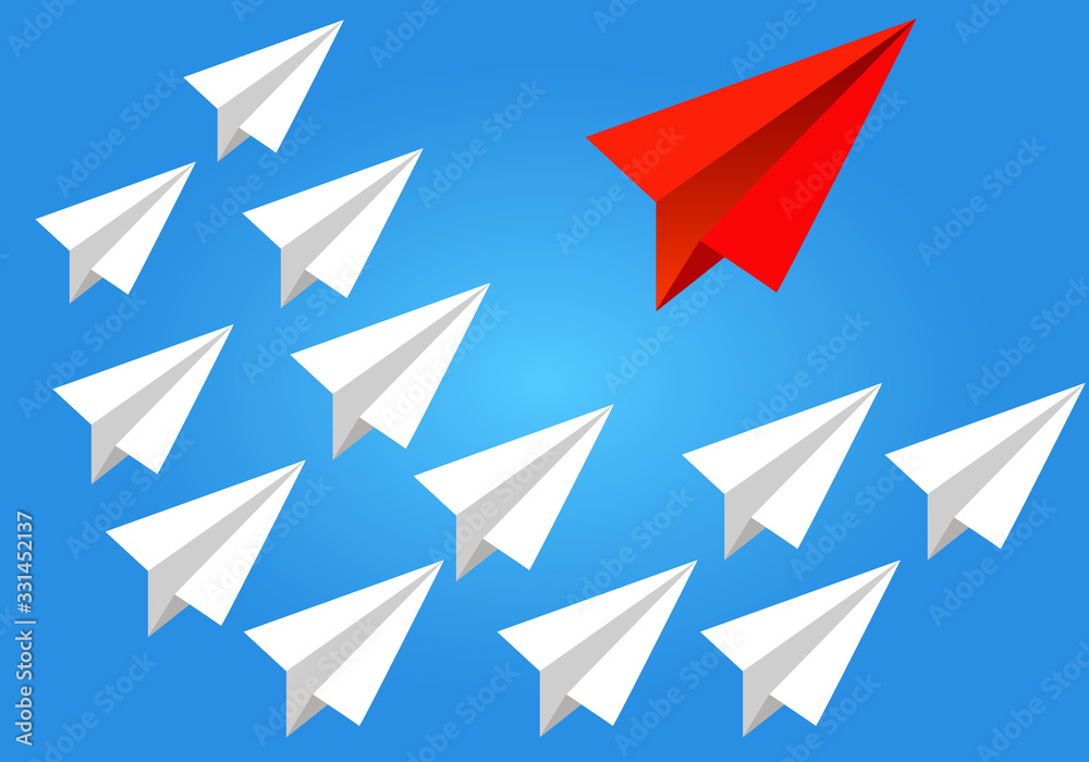 Red paper plane leads white planes. Vector iilustration. Red paper plane leads white planes. Vector iilustration.