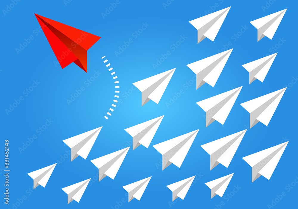 Red paper plane changing direction from white. New ideas, business concepts, risk and leadership. Vector illustrations Red paper plane changing direction from white. New ideas, business concepts, risk and leadership. Vector illustrations