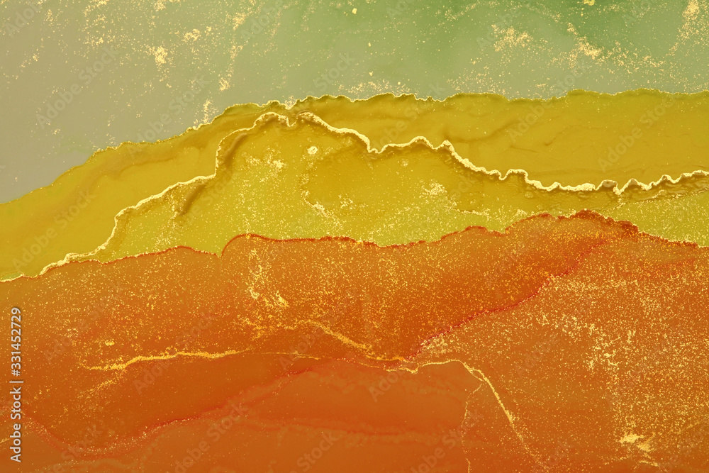 Fototapeta Abstract yellow wave blots horizontal background. Alcohol ink colors. Marble texture.