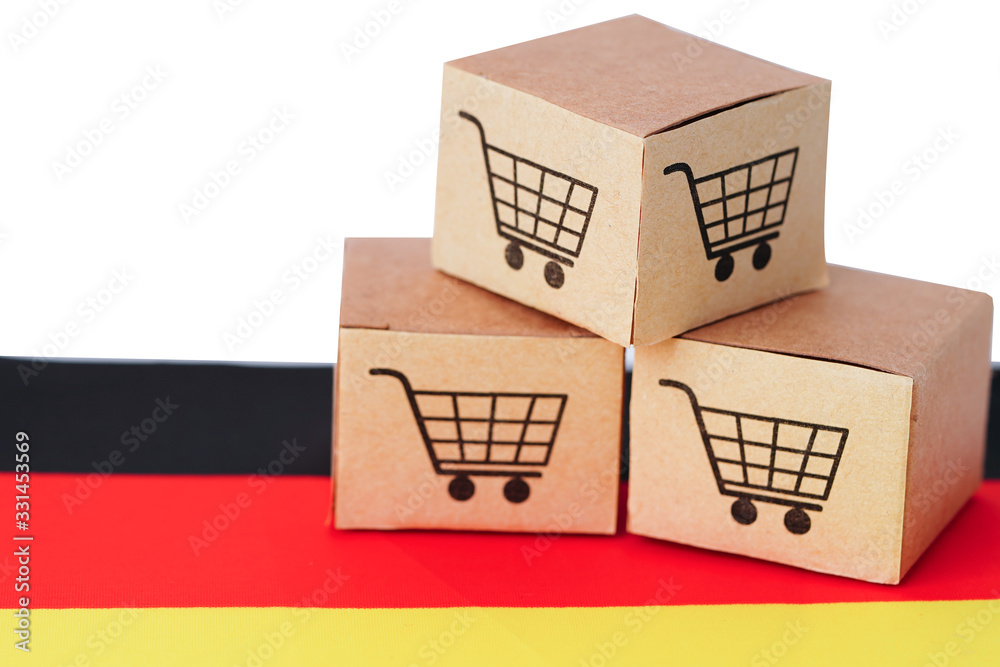 Box with shopping cart logo and Germany flag : Import Export Shopping online or eCommerce finance delivery service store product shipping, trade, supplier concept.
