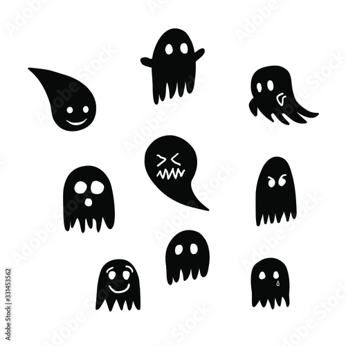 Cute cartoon ghost character silhouettes. Great for halloween home or office decor sticker and DIV. Easy editable hand drawn cute ghosts with different emotions from. Symbol of halloween holiday.