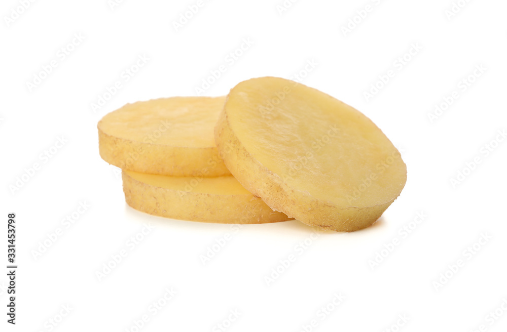 Young potato slices isolated on white background