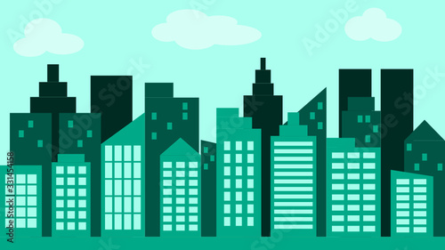 parallax cityscape background, silhouette building with blue sky