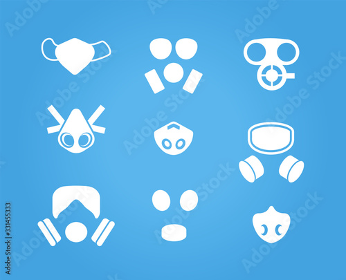 Gas masks and respirators vector icons set, various face masks wearer from inhaling airborne pollutants, viruses, infections and toxic gases. Simple silhouettes collection for web and infographic.