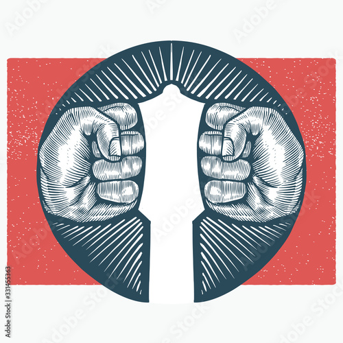 Vintage fist to form guitar headstock negative space logo illustration 