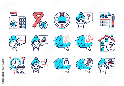 Brain disease dementia line color icons set. Decline in memory. Decrease in mental human abilities. Signs for web page, mobile app, button, logo. Editable stroke.