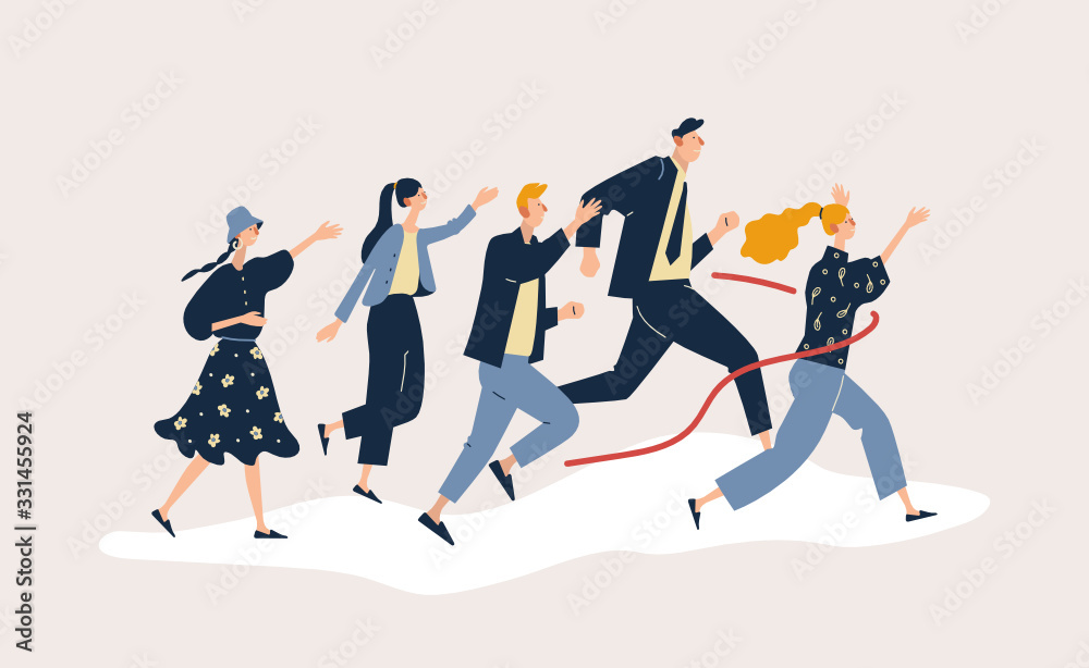 Office workers or clerks crossing finish line and tearing red ribbon. Concept of people taking part in professional competition, rivalry at work. Modern flat cartoon vector illustration.