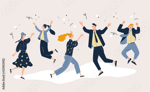 Happy office workers rejoice in victory or a lucrative deal. Happiness, joy expression. Modern flat cartoon vector illustration.
