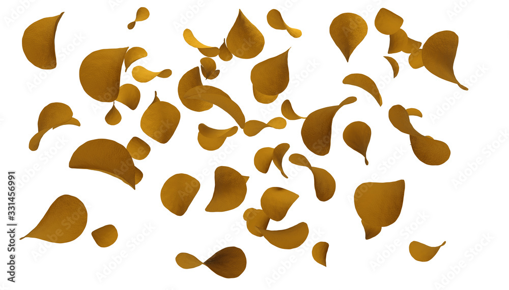 Snack potato chips, crispy, delicious. French fries. 3d illustration Snack potato chips, crispy, delicious. French fries. 3d illustration