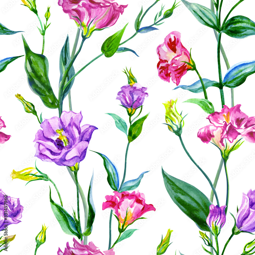 Seamless pattern of eustoma flowers on a white background, watercolor illustration, decorative floral print for fabric and other designs. Seamless pattern of eustoma flowers on a white background, watercolor illustration, decorative floral print for fabric and other designs.