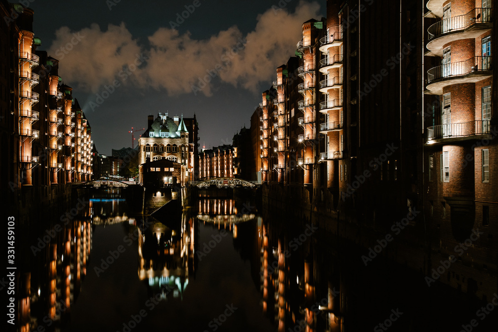 Hamburg city, famous Speicherstadt district at night