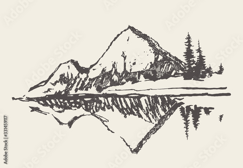 Two mountains spruce forest and lake vector sketch