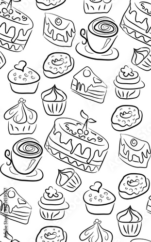 Sweet doodle pattern with cupcakes, cakes, candies and cones. hand drawn seamless pattern.