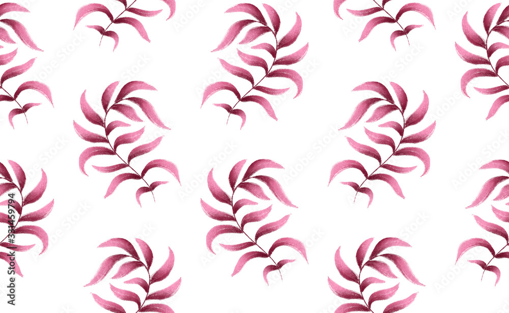 Pink fern leaves gouache painted seamless pattern for spring and summer Pink fern leaves gouache painted seamless pattern for spring and summer