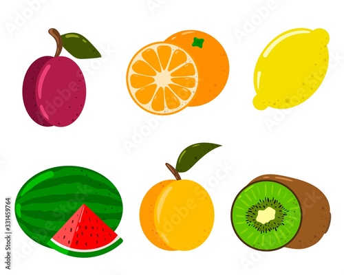 Fruit set icons isolated on white background. Flat infographic icons. Isolated vector illustration.