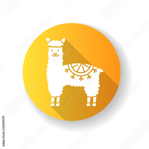 Alpaca yellow flat design long shadow glyph icon. Peruvian domesticated cute woolly llama. Hoofed ruminant animal from Andes. Camel-like funny mammal. Silhouette RGB color illustration