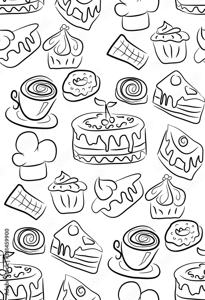 Sweet doodle pattern with cupcakes, cakes, candies and cones. hand drawn seamless pattern. Sweet doodle pattern with cupcakes, cakes, candies and cones. hand drawn seamless pattern.