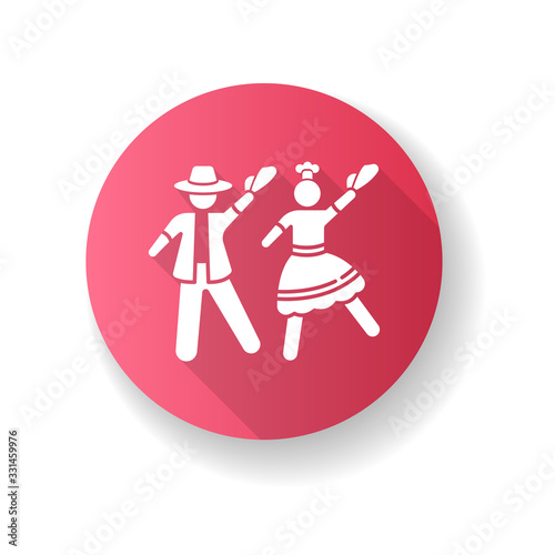 Marinera pink flat design long shadow glyph icon. Peruvian traditional romantic couple dance. Man and woman dancers. Peru national choreography festival. Silhouette RGB color illustration
