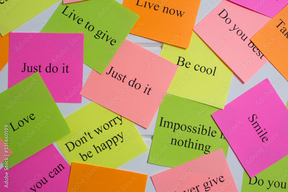 Motivational words on colorful stickers on white background. A vision Board. Cards with words. Affirmation, development, training, seminar. Plan, strategy, to-do list, concept. Creativity, project, ar