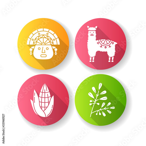 Peru flat design long shadow glyph icons set. Andean country features. Alpaca, incas, corn, coca. Incas history, and life traditions. Traveling in South America. Silhouette RGB color illustration