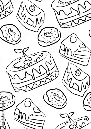 Sweet doodle pattern with cupcakes  cakes  candies and cones. hand drawn seamless pattern.