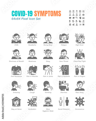 Simple Set of Covid-19 Symptoms Solid Glyph Icons. such Icons as Cough, Sore Throat, Vomiting, Shortness of Breath, Coronavirus, Stay at Home, Incubation, Stay at Home, Social Distance 64x64 Pixel