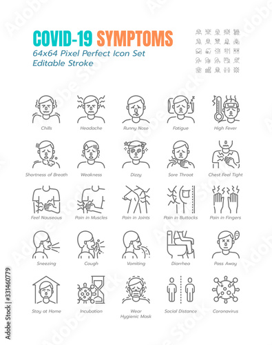 Simple Set of Covid-19 Symptoms Line Outline Icons. such Icons as Cough  Sore Throat  Vomiting  Shortness of Breath  Coronavirus  Stay at Home  Incubation etc. 64x64 Pixel Perfect. Editable Stroke.