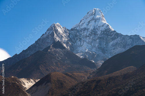 Ama Dablam mountain peak, most famous peak in Everest region trekking route, Himalaya mountain range in Nepal