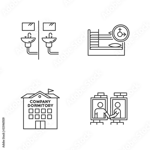 Company dormitory pixel perfect linear icons set. Communal bathroom. Bedroom. Shared room. Common space. Customizable thin line contour symbols. Isolated vector outline illustrations. Editable stroke