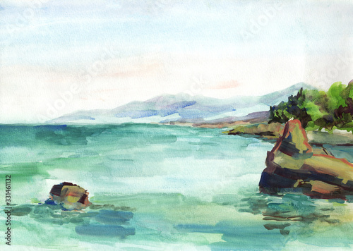 Hand painting Watercolor illustration of  colorful rocks, aquamarine sea, green tree, mountans blue sky background. Sea landscape. Best design for banner, print, magazine, book, travel agency