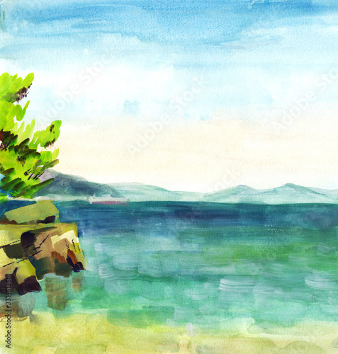 Hand painting Watercolor illustration of  colorful rocks, aquamarine sea, green tree, mountans blue sky background. Sea landscape. Best design for banner, print, magazine, book, travel agency