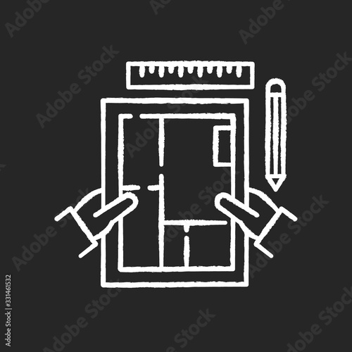 Interior designer chalk white icon on black background. Freelance architect. Engineering, construction planning. Premises design, apartment architectural plan. Isolated vector chalkboard illustration