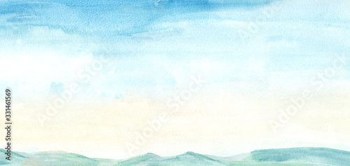 Hand drawn illustration light sky blue and light yellow watercolor, mountain background. Aquarelle paint paper textured canvas element for text design, greeting card, template. 