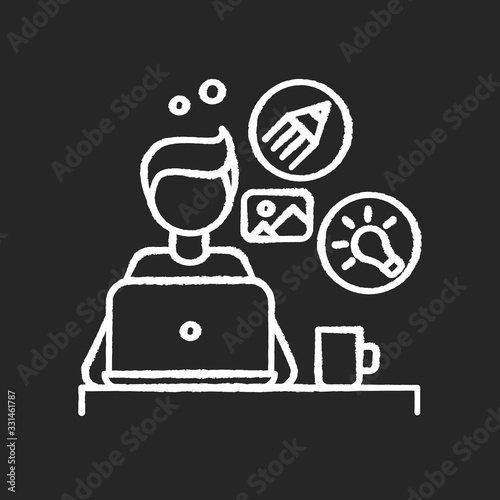 Graphic designer chalk white icon on black background. Remote computer illustrator, editor, creative artist. Graphic editing, art design, online project. Isolated vector chalkboard illustration