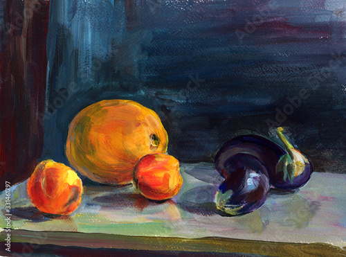 Still life  with acrylic painting of ripe peach, orange melon,  violet eggplants on table on blue background. Hand painting texture, beautiful design for interior, banner, print, decoration
