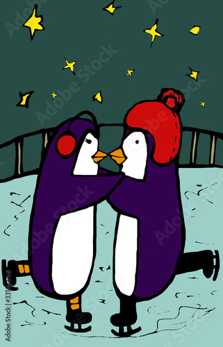 Rastr artwork of cartoon of penguin couple at night riding skates on ice outdoors