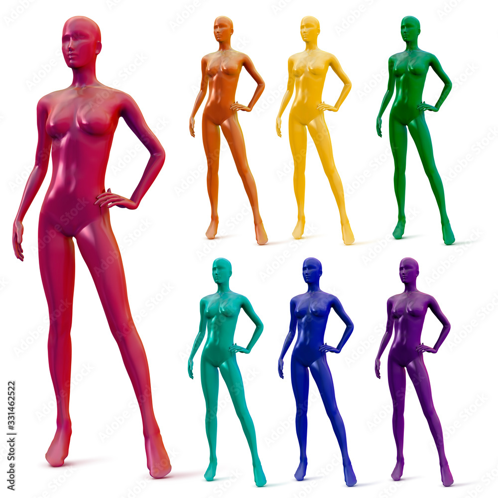 Set female mannequin  pink, orange, yellow, blue, turquoise, purple colors isolated on white background. Vector illustration.