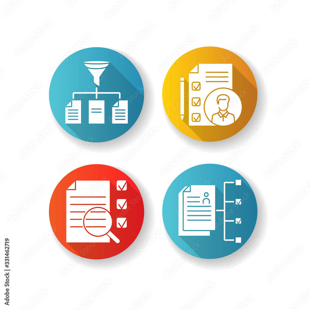 Professional employment flat design long shadow glyph icons set. Applicant tracking system, literacy, job analysis and recruitment strategy. Executive search. Silhouette RGB color illustration