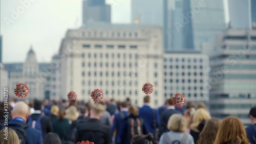 Crowd of people walking in slow motion with Coronavirus graphic animating above their heads. The animated graphic follow the focus of the people. Space above for text or graphics