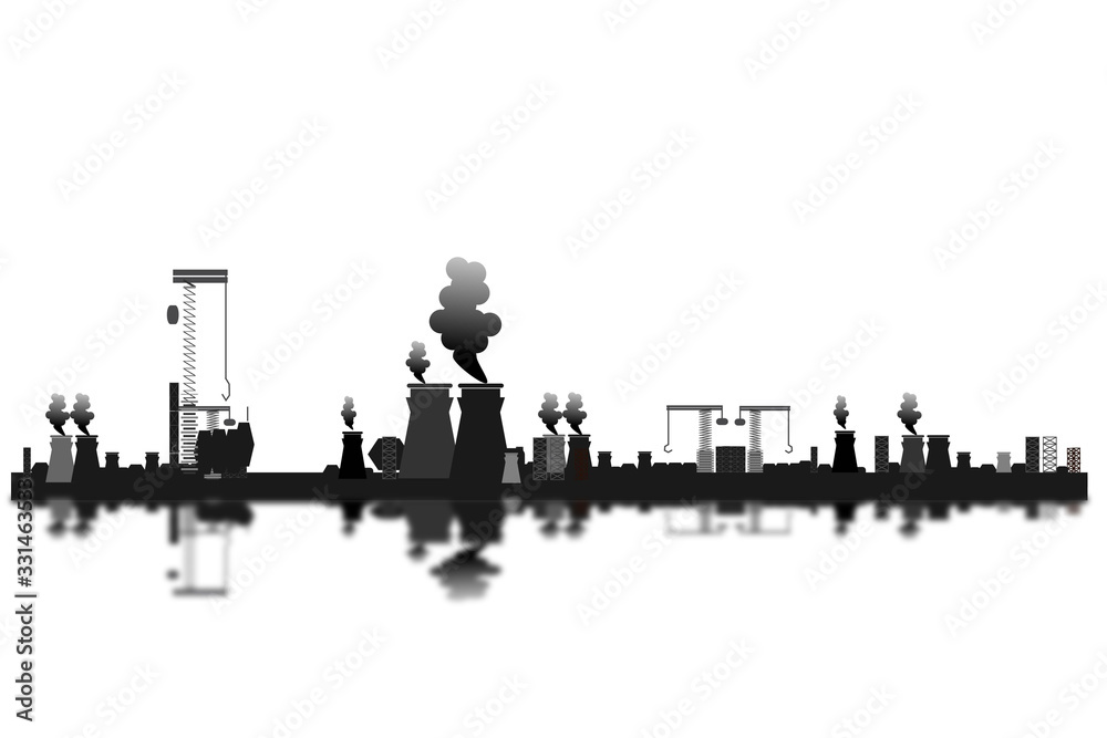 Nature Pollution Plant Pipe Dirty Waste Air And Water Polluted Environment Flat Vector Illustration, The smoke that come out of chimney fire in an industrail estate.