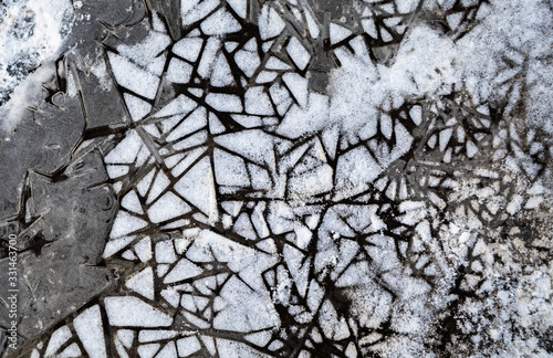 Creepy black frozen water with cracked ice
