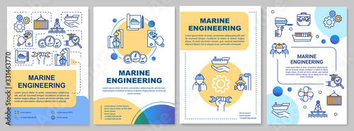 Marine engineering brochure template. Maritime construction worker. Flyer, booklet, leaflet print, cover design with linear icons. Vector layouts for magazines, annual reports, advertising posters