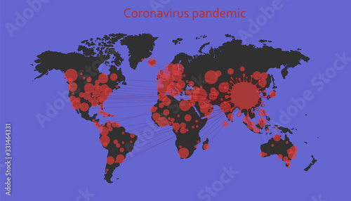 Coronavirus pandemic (covid-19). Vector illustration of the spread of the virus on a world map. Global catastrophe and crisis.