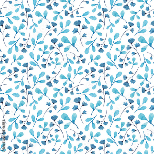 Watercolor seamless pattern with blue leaves and twigs isolated on white background. Spring summer fresh print in blue tones with delicate flowers.