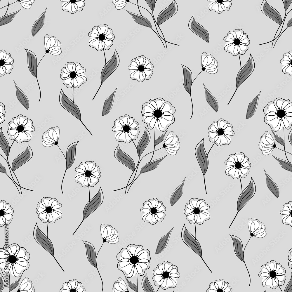 Fototapeta premium Seamless pattern with white flowers on gray background. Vector illustration