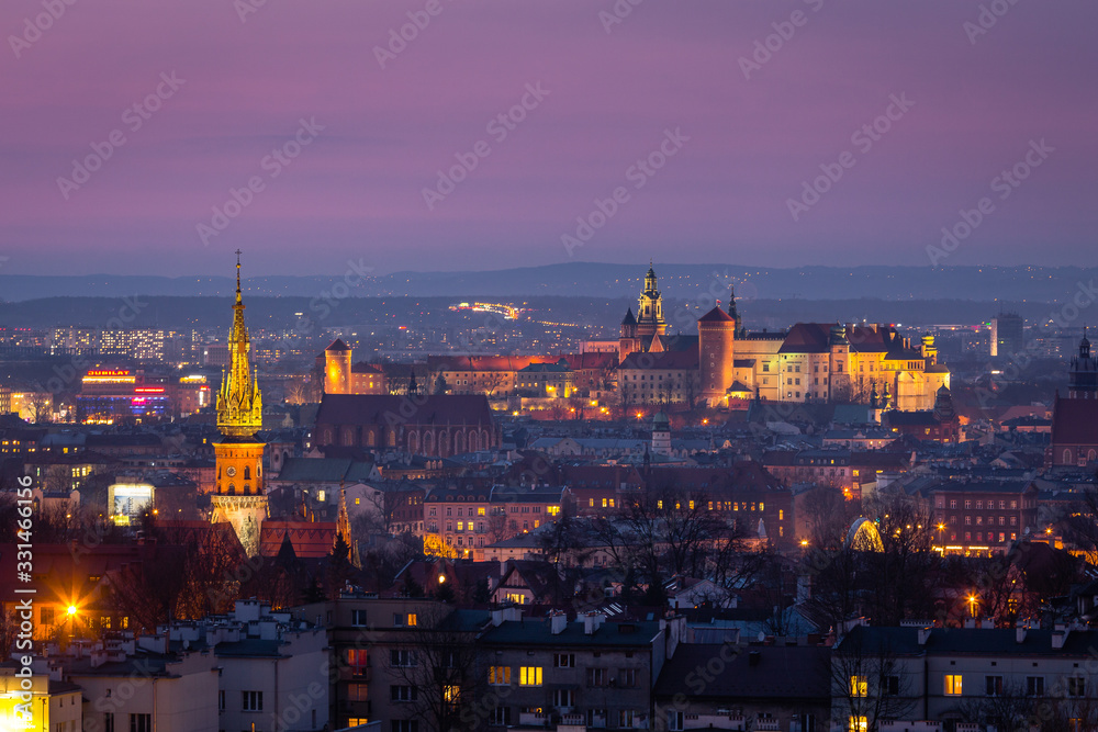 Panorama of Cracow, Poland, with royal Wawel castle, cathedral.